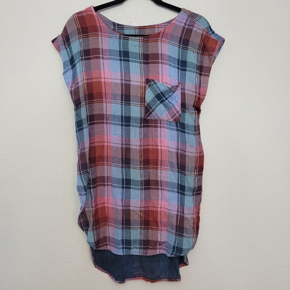 Anthropologie Akemi & Kim Top Small Blue Plaid Tunic Lurex Boho Eclectic